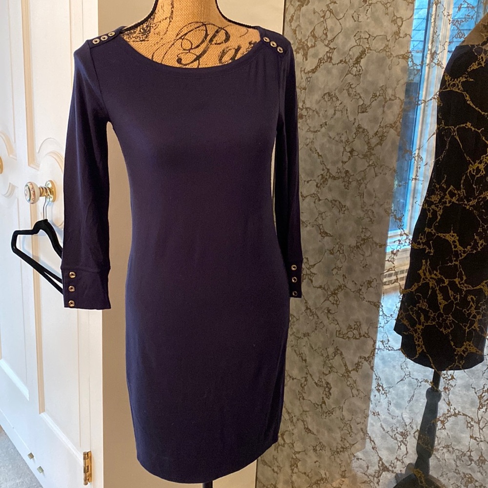 Lily Pulitzer navy blue dress with button detail on shoulders and 3/4 sleeve